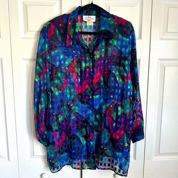 Vintage Studio C Womens Button Up Top Sz 18/20 Sheer Shimmery Metallic Abstract - Picture 1 of 14